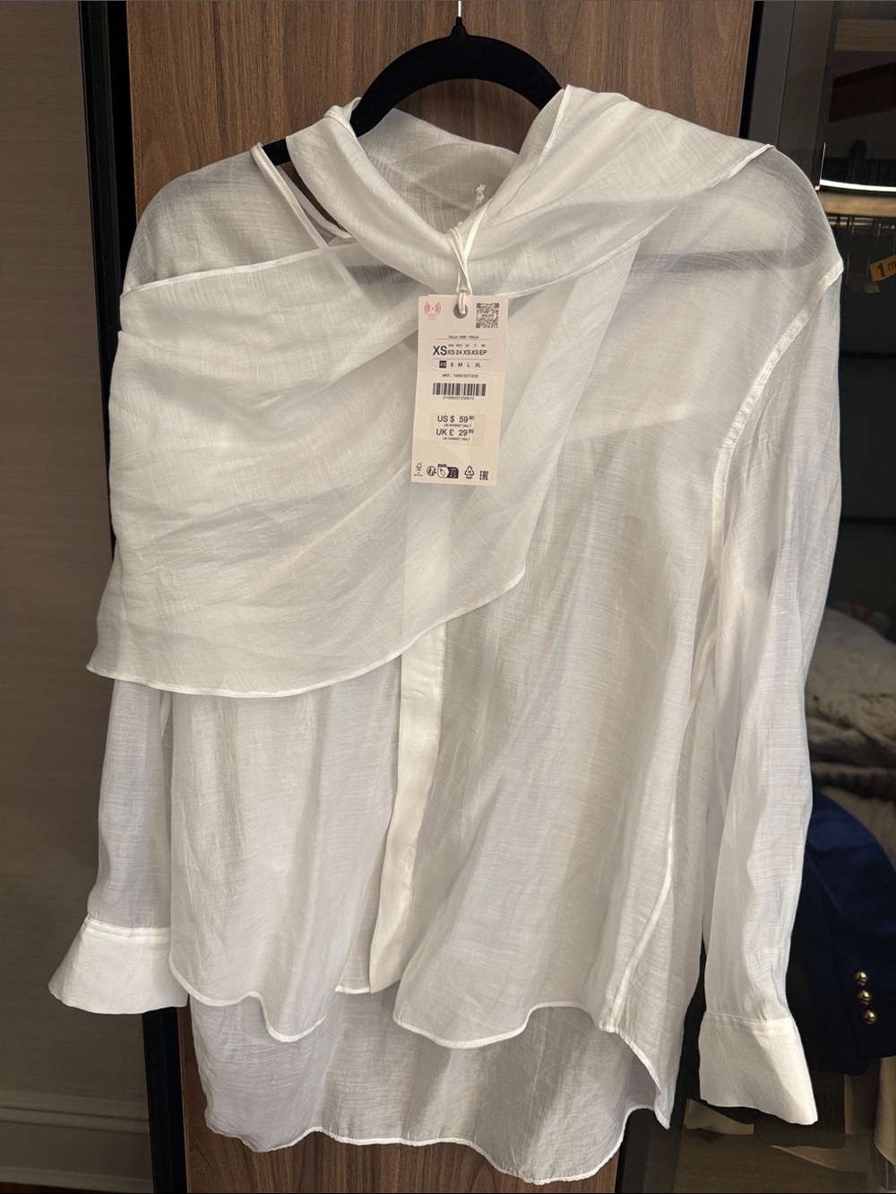 Women’s White Linen Scarf-Collar Blouse - Zara